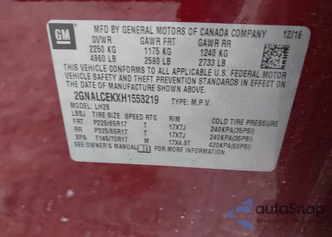 2017 Chevrolet Equinox Lt из США, поврежденный, VIN 2GNALCEKXH1553219